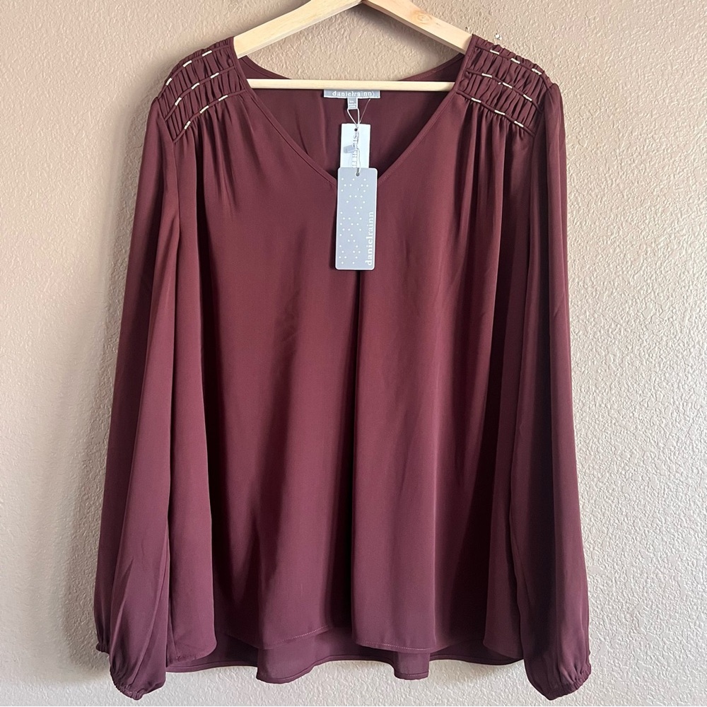 Daniel Rainn Dinah Shoulder Embellished Blouse Burgundy Color Size XXL NWT